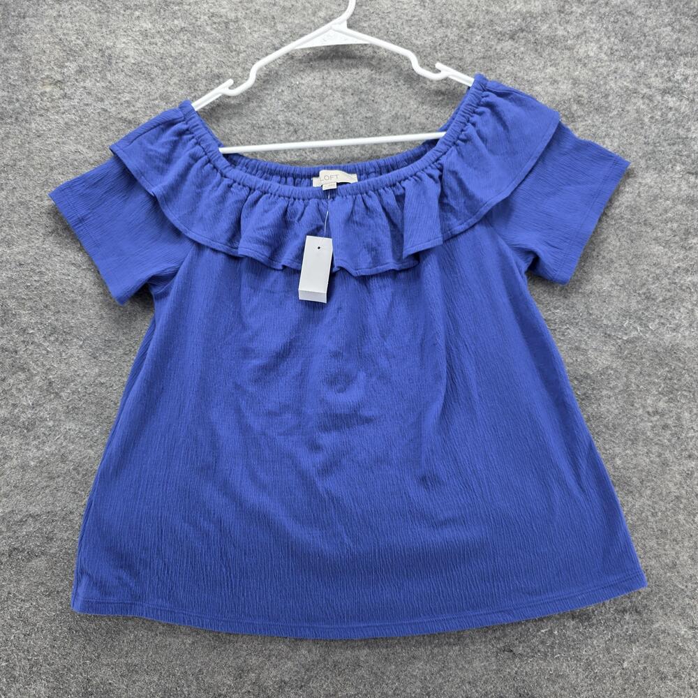 LOFT Shirt Womens Large Blue Ruffle Off Shoulder Crinkle Knit Short Sleeve Top